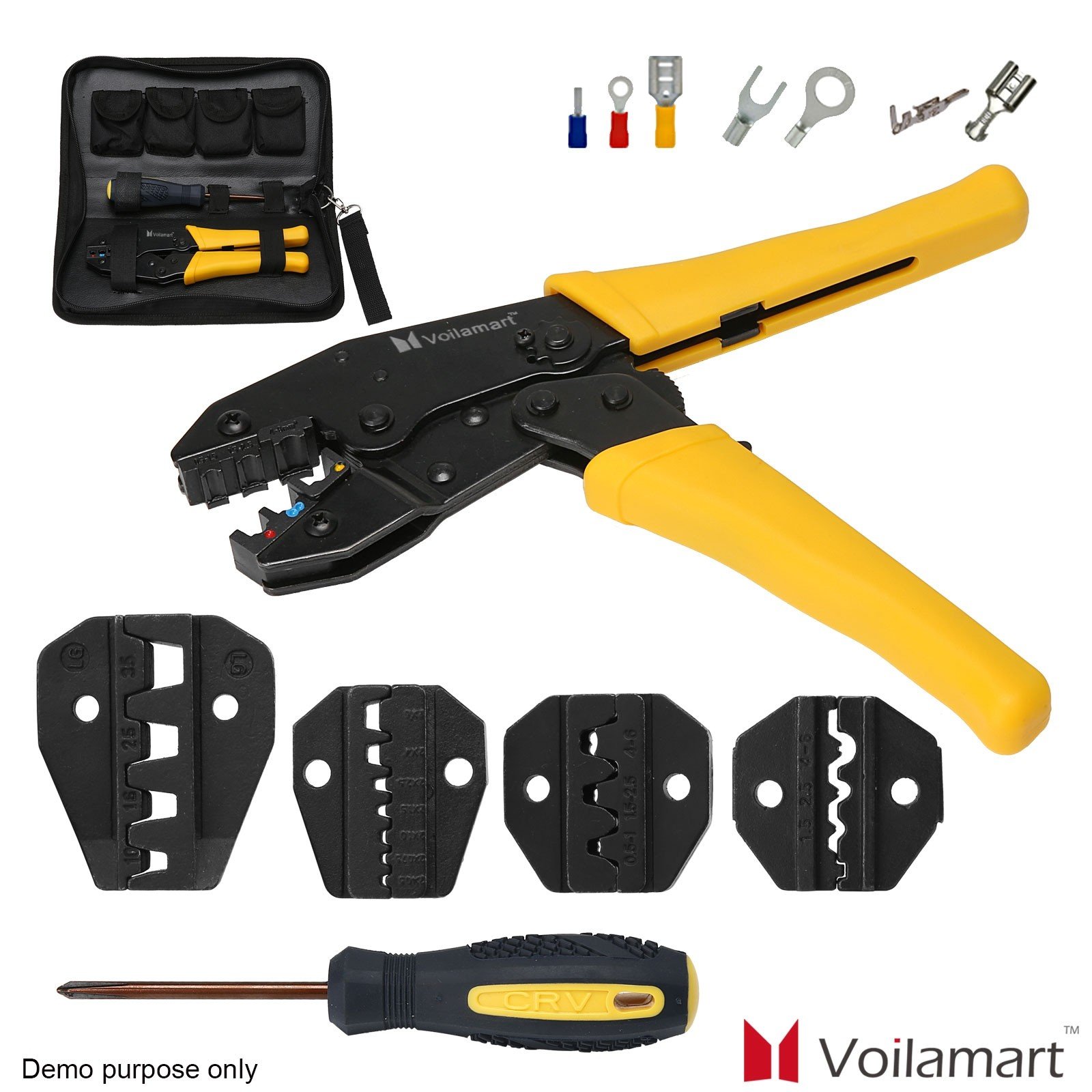 Voilamart Crimping Tool Kit Terminal Ratchet Plier Crimper 5  Interchangeable Die Sets Insulated Non-insulated Cable Wire Hand Tool All  in One Pack with Bag