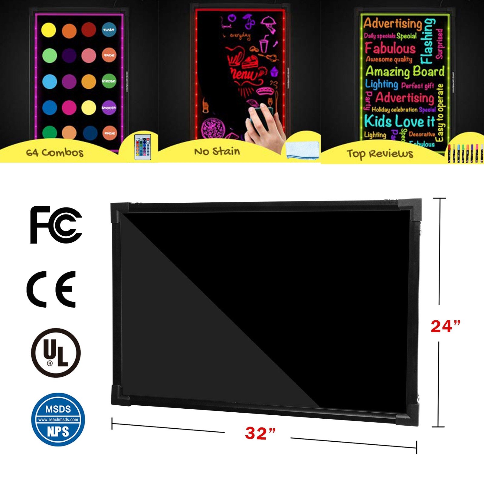 Voilamart LED Message Writing Board, 32 x 24 Flashing Illuminated  Erasable Message Memo Notice Menu Sign Board with Remote Control, 8 Colors  Chalk Marker